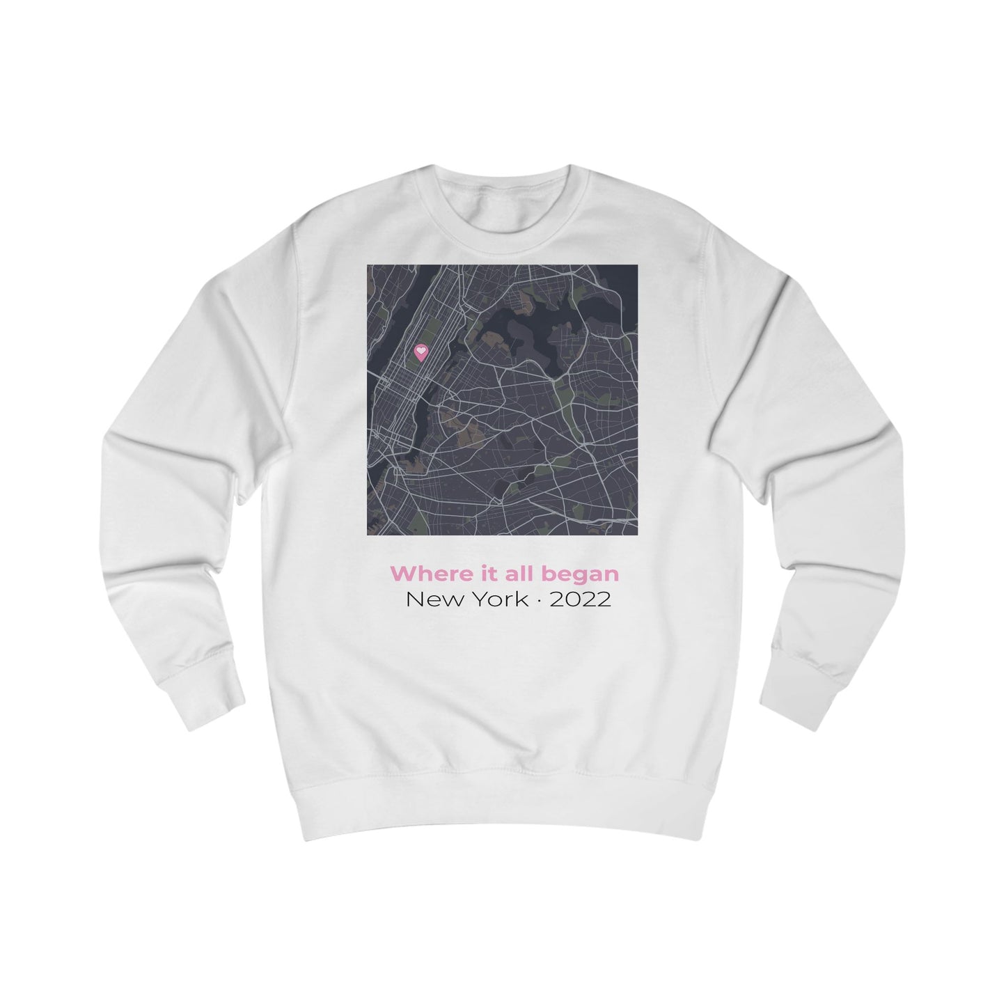 Personalized love map sweatshirt showing custom city map with heart pin