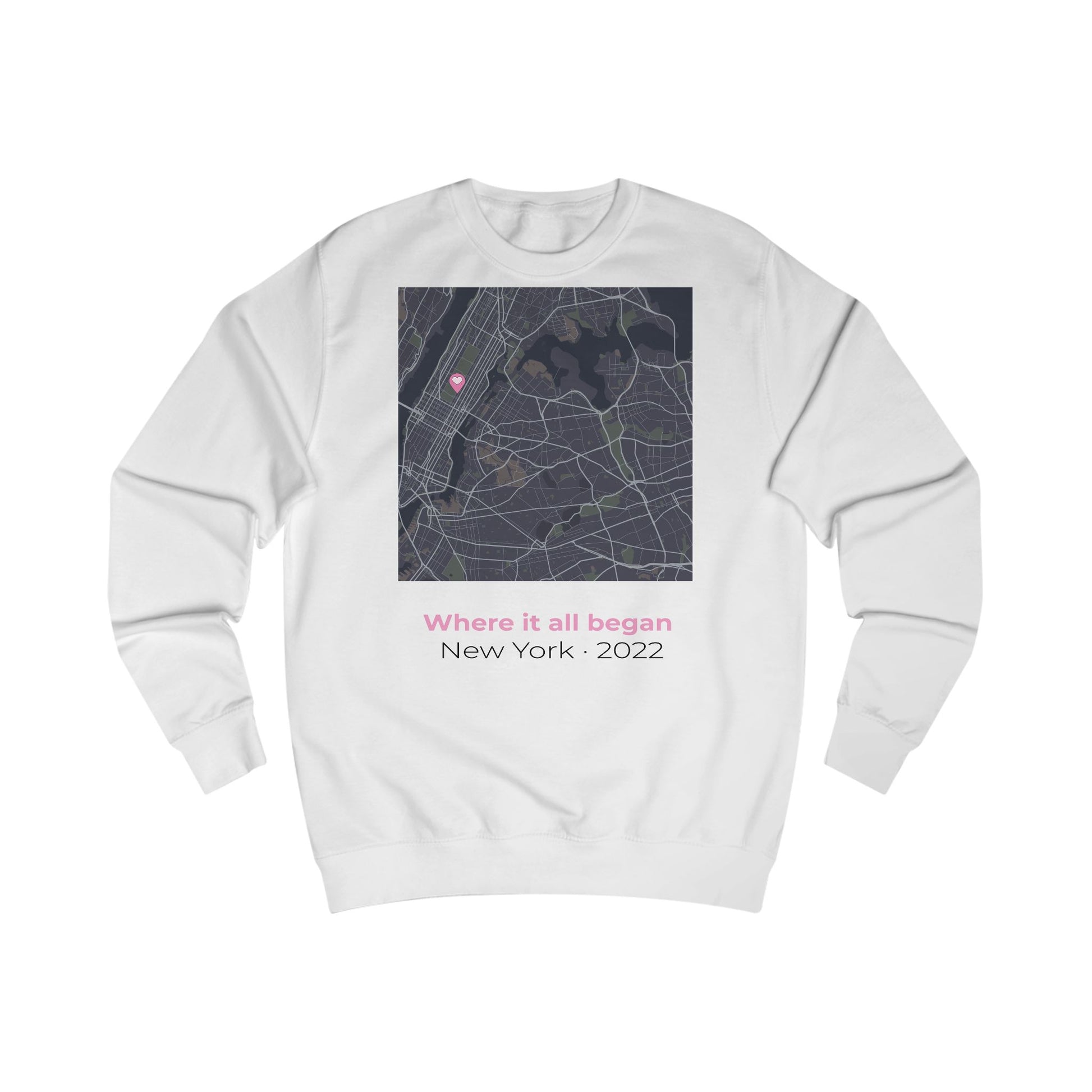 Personalized love map sweatshirt showing custom city map with heart pin