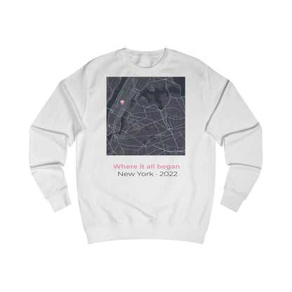 Personalized love map sweatshirt showing custom city map with heart pin