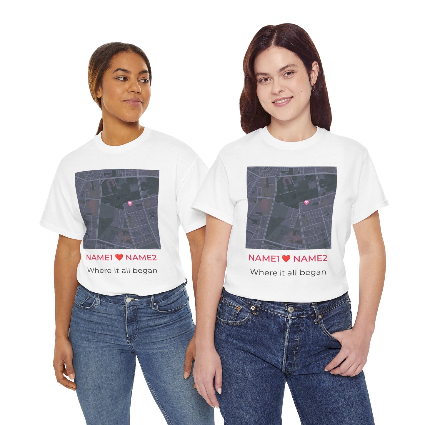 Two people wearing white t-shirts with a map design and text.