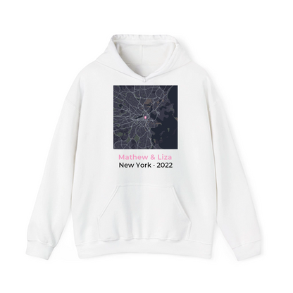 Personalized love map hoodie showing custom city map with heart pin
