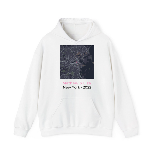 Personalized love map hoodie showing custom city map with heart pin
