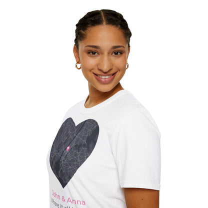 Spersonalizowana koszulka z mapą miłości – spersonalizowany prezent dla pary z imionami i datą 