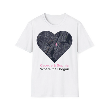 Spersonalizowana koszulka z mapą miłości – spersonalizowany prezent dla pary z imionami i datą 