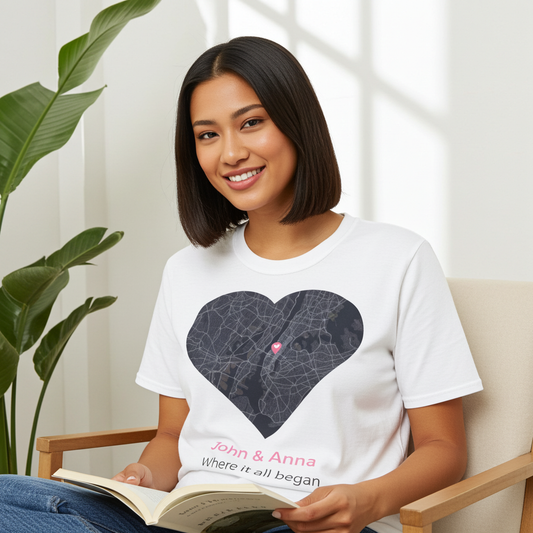 Spersonalizowana koszulka z mapą miłości – spersonalizowany prezent dla pary z imionami i datą 